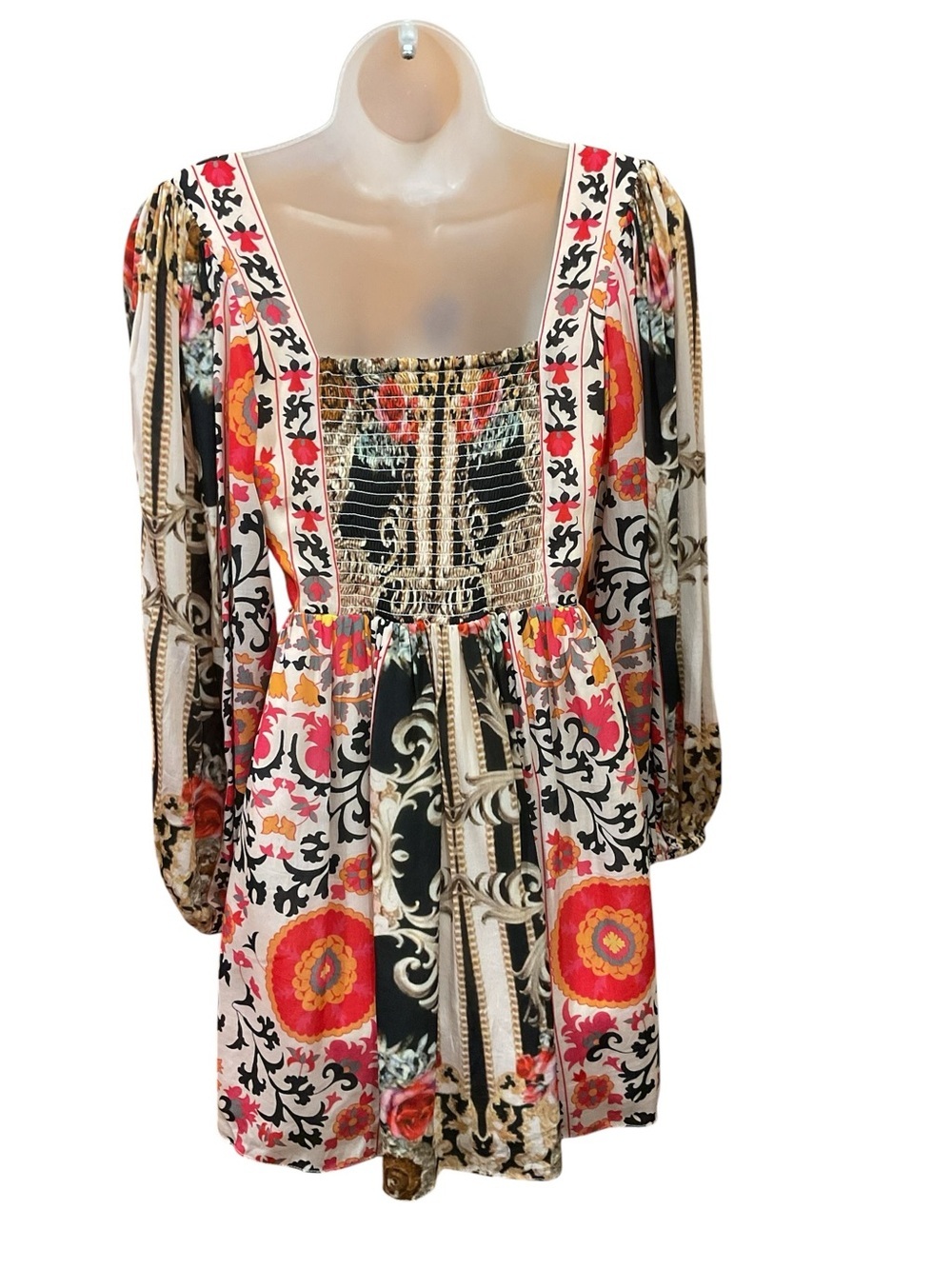 Anthropologie Nikasha Floral Baroque Puff Sleeve Smocked Back Mini Dress Size Sm - Picture 5 of 7
